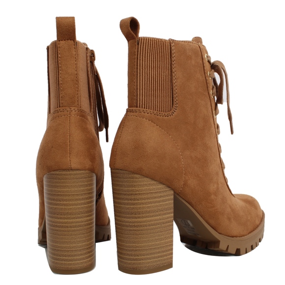 Size 9 Tan Faux Suede Lace Up Stacked Block Heel - Picture 5 of 8